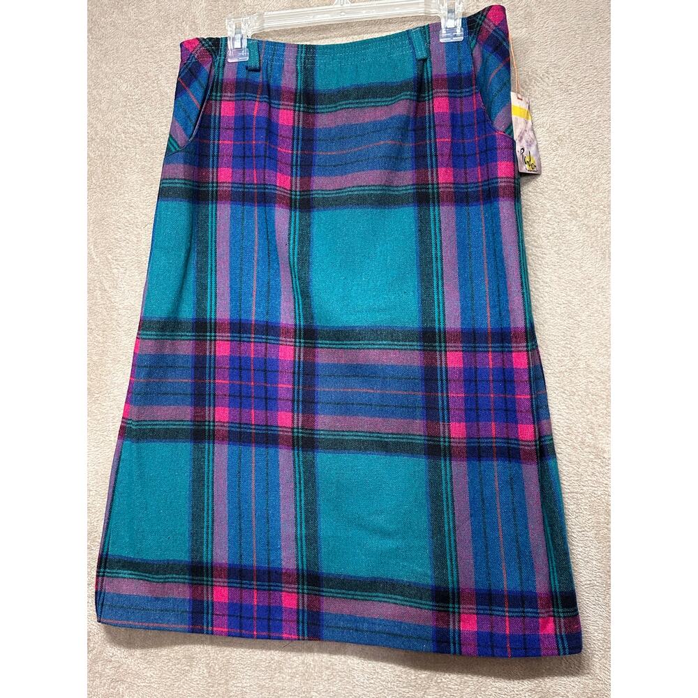 Vintage Plaid Midi Skirt Wool Blend Teal Pink Purple Cottagecore XL - Picture 5 of 8